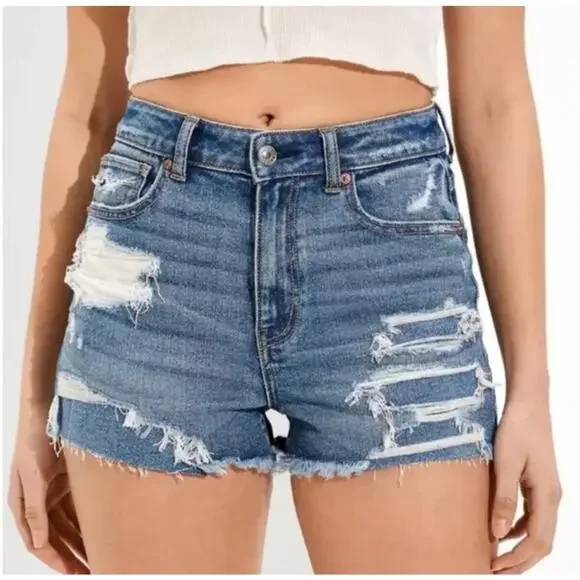 American Eagle Comfort Stretch Waistband Mom Short Destroyed Denim Size 6 - Picture 1 of 9